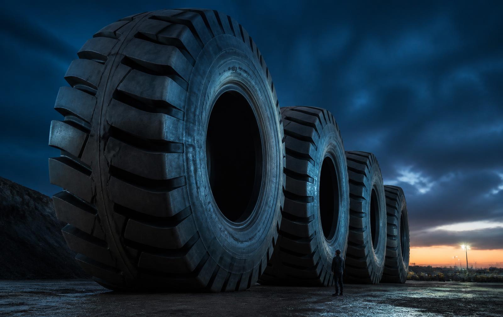 Enormous off-road mining tyres towering over a person for scale at dusk