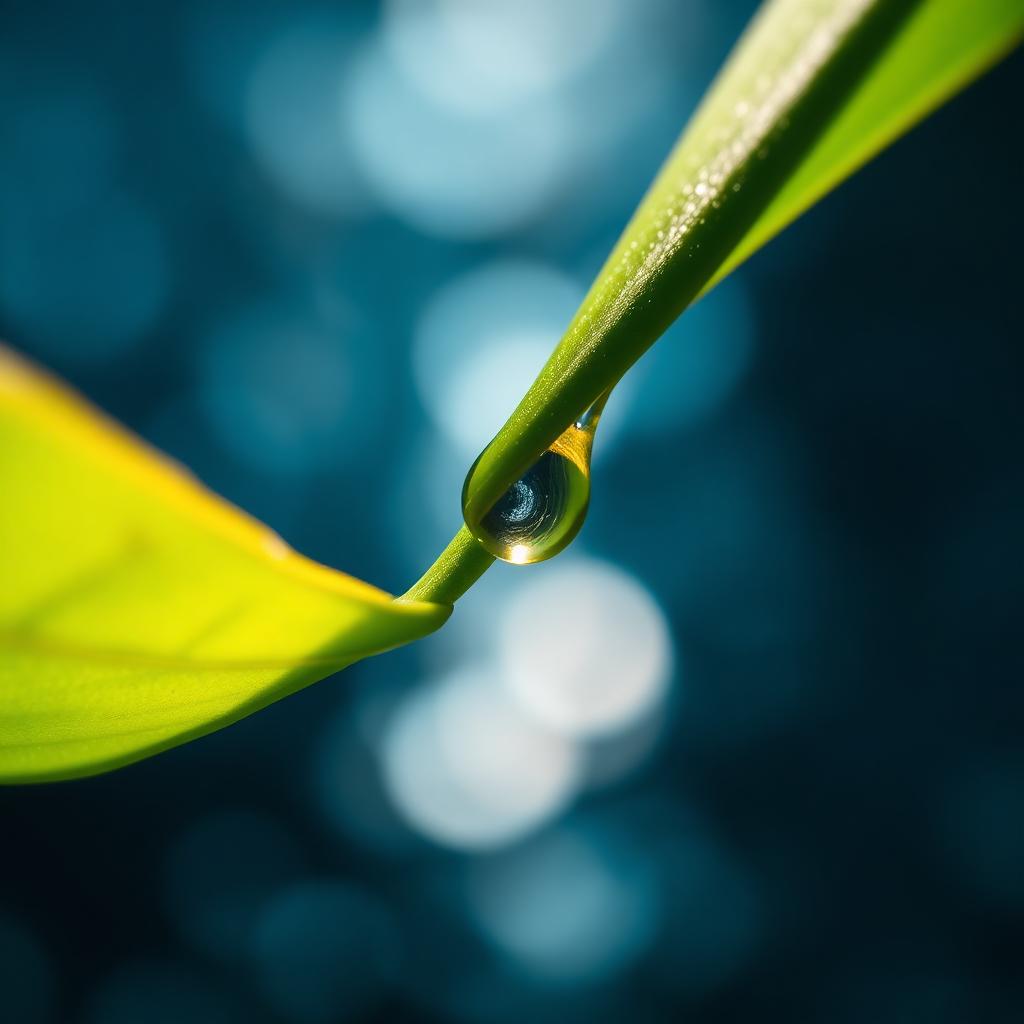 A droplet of clear circular hydrocarbon suspended on a green leaf against ocean light