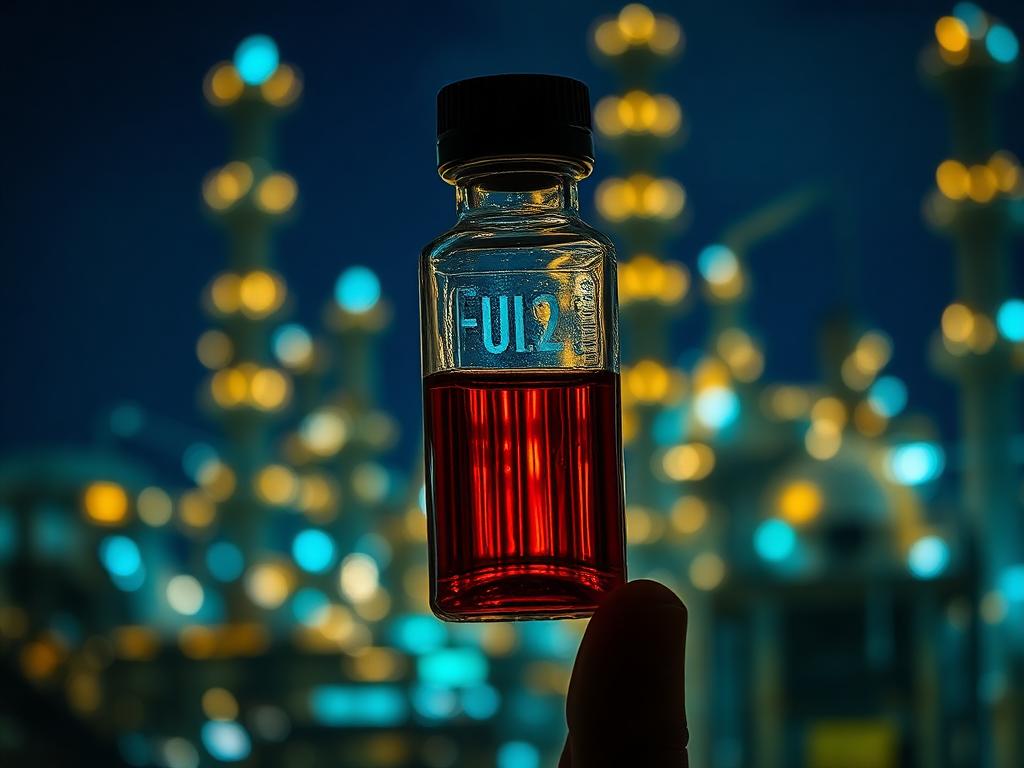 Amber diesel-range circular fuel sample held against illuminated distillation columns