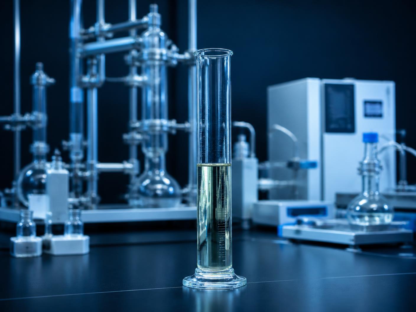 Pale jet-range circular hydrocarbon sample in laboratory glassware