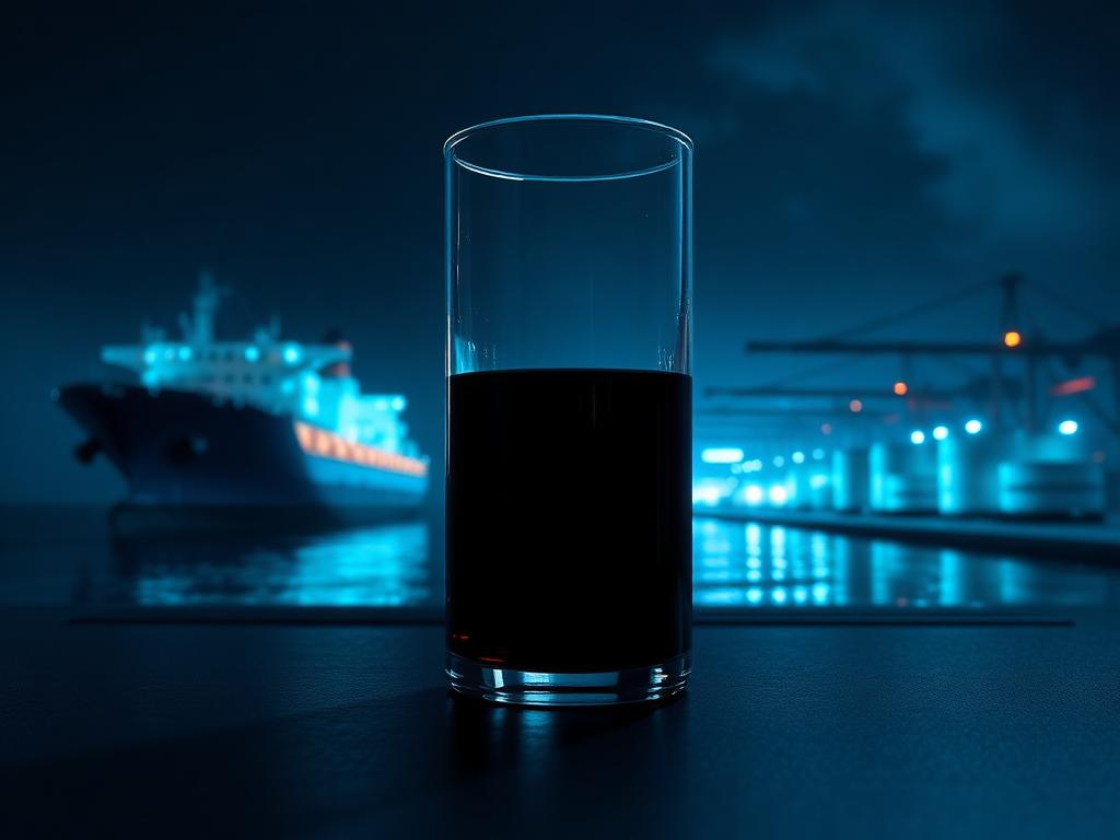 Dark marine-fuel-range product sample with a cargo vessel and port terminal in the background