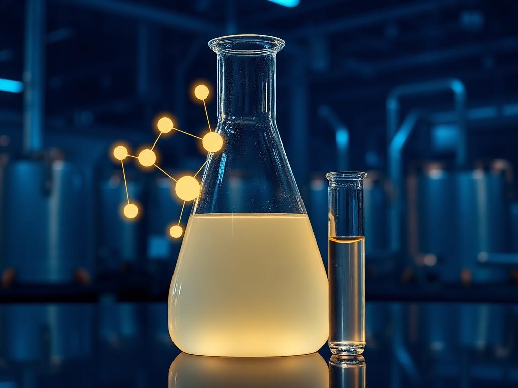 Clear circular naphtha sample in laboratory glassware with molecular graphics and storage tanks behind