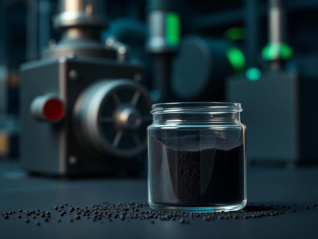 Finished recovered carbon black powder in a sample jar with milling equipment behind