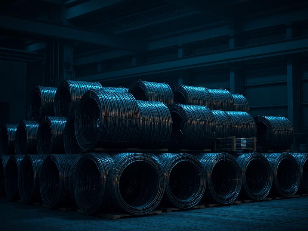 Coils of high-tensile recovered steel wire stacked in an industrial facility