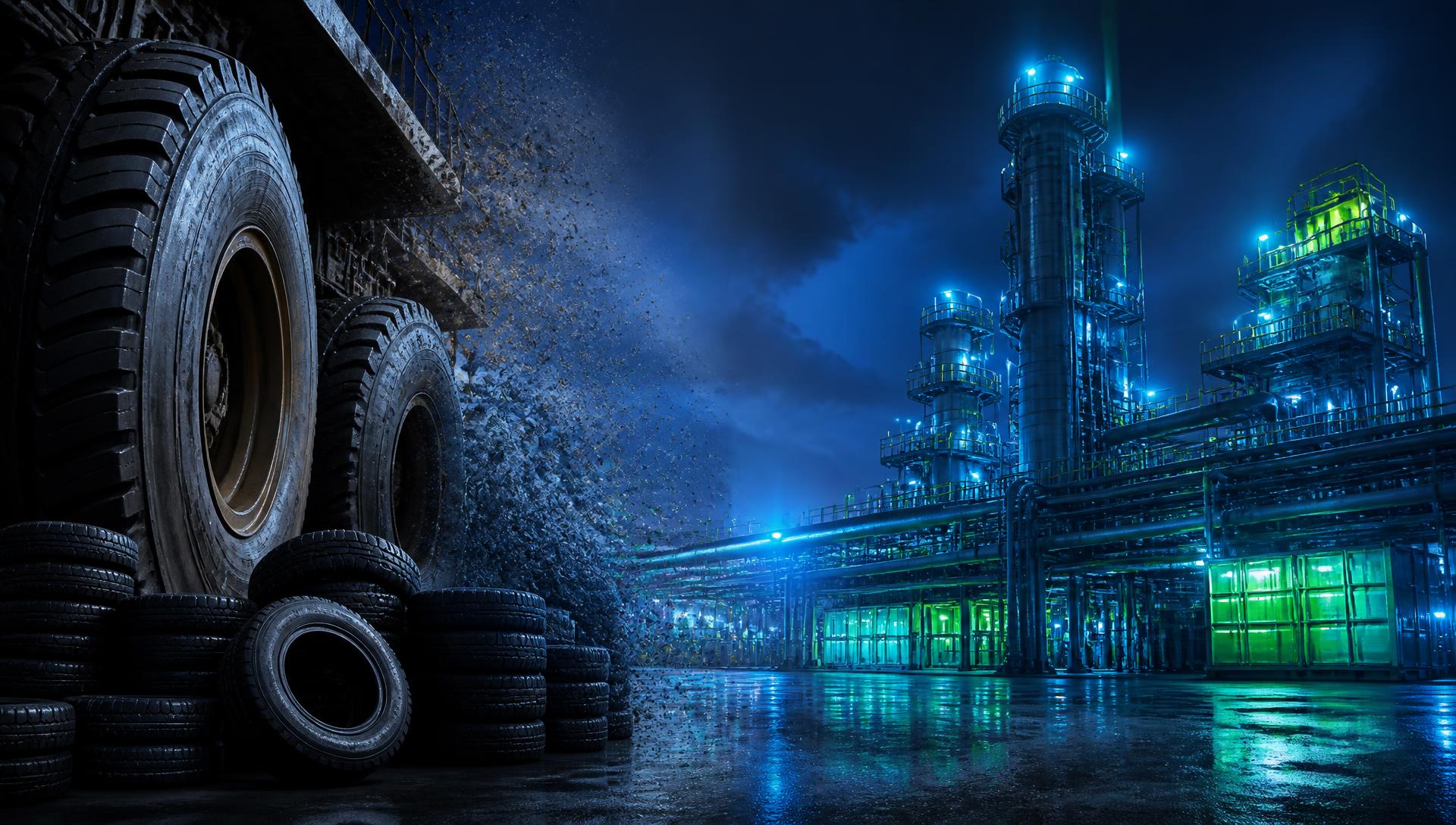 Mining and passenger tyres transitioning into an advanced industrial pyrolysis facility at night